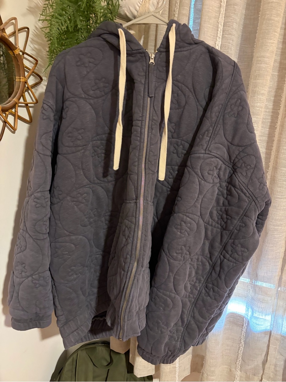 BDG Charcoal Hooded Quilted Zip Jacket with Cream Drawstrings